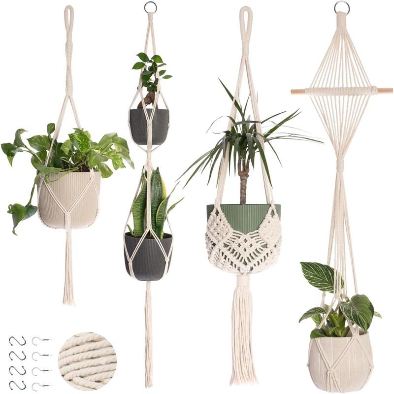 Handmade Flower Pot Net Pocket Garden Hanging Plant Cotton Linen Basket Sustainable Netting For Indoor Outdoor Decor