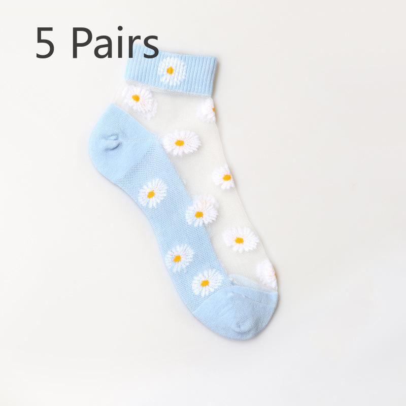 

5 пар женских весенне-летних новых коротких носков-лодочек из хрустального шелка с маленькими ромашками 5 Pairs синий