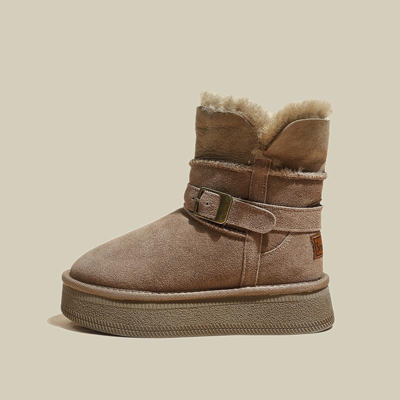 

Warm flipped plush thick-soled medium tube snow boots for women to increase their height in winter, new leather fluffy thickened cotton shoes 40