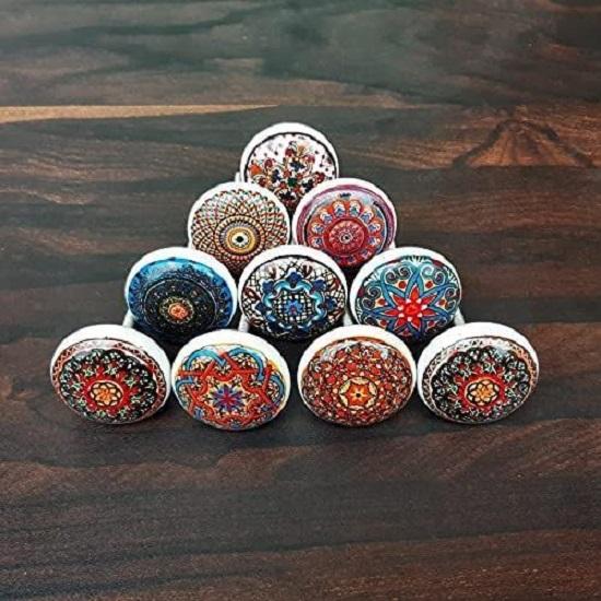 Ceramic Knobs World Door knobs for Drawers Vintage Handmade Blue Mandala Cabinet Handle for Kitchen Wardrobe Furniture (RED, Pack of 15)