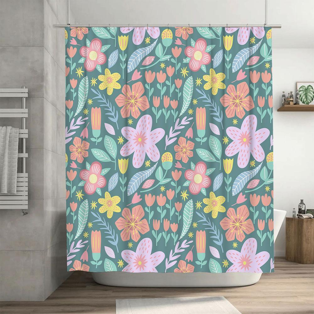 Delightful Floral Shower Curtain Pink Yellow Blue Green Decorative Waterproof Bath Rug Canopy Set for Bathroom Home Decoration A