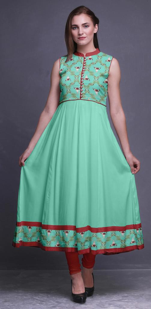 Bimba Aquamarine Green Damask Printed Women Designer Mandarin Collar Anarkali Dress Indian Ethnic Kurta