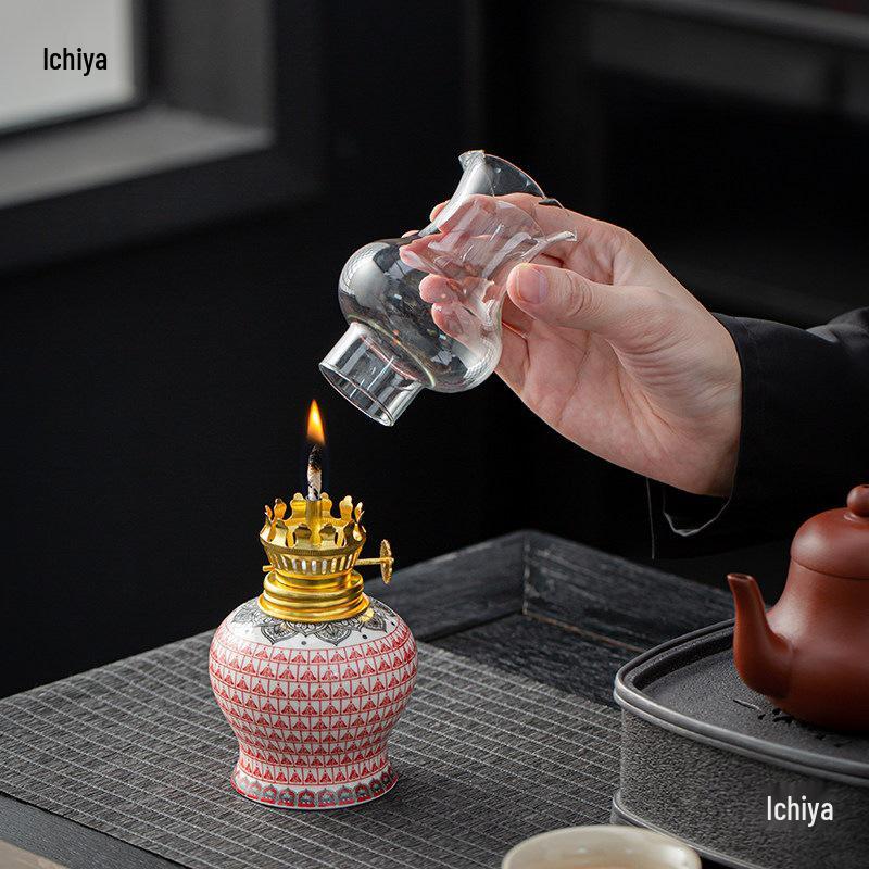 Hand-Painted Floral Retro Kerosene and Ceramic Butter Lamp - New Chinese Style Night Light for Bedroom and Study