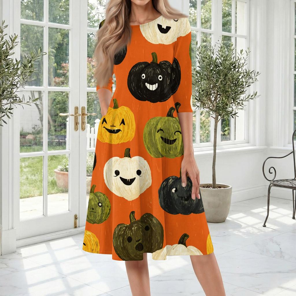 Women's Halloween Print Casual Fashion Round Neck Three Quarter Sleeve Mid Length Dress with Pockets Comfortable Fit