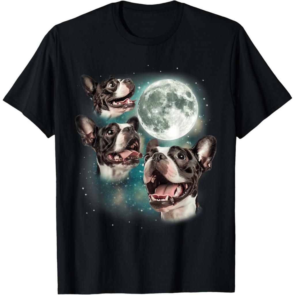 Funny Three Boston Terrier Moon 3 Cute Pet Lover Dogs T Shirts Humor Streetwear Tee Shirt Short Sleeve Unisex Loose Clothing