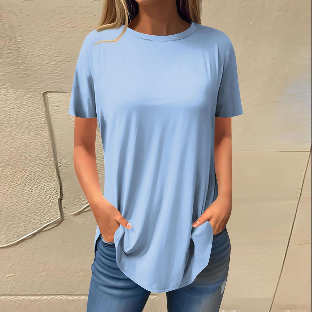 Moda dame ocazional umăr pozitiv decolteu rotund culoare solidă cu mânecă scurtă pulover Top
