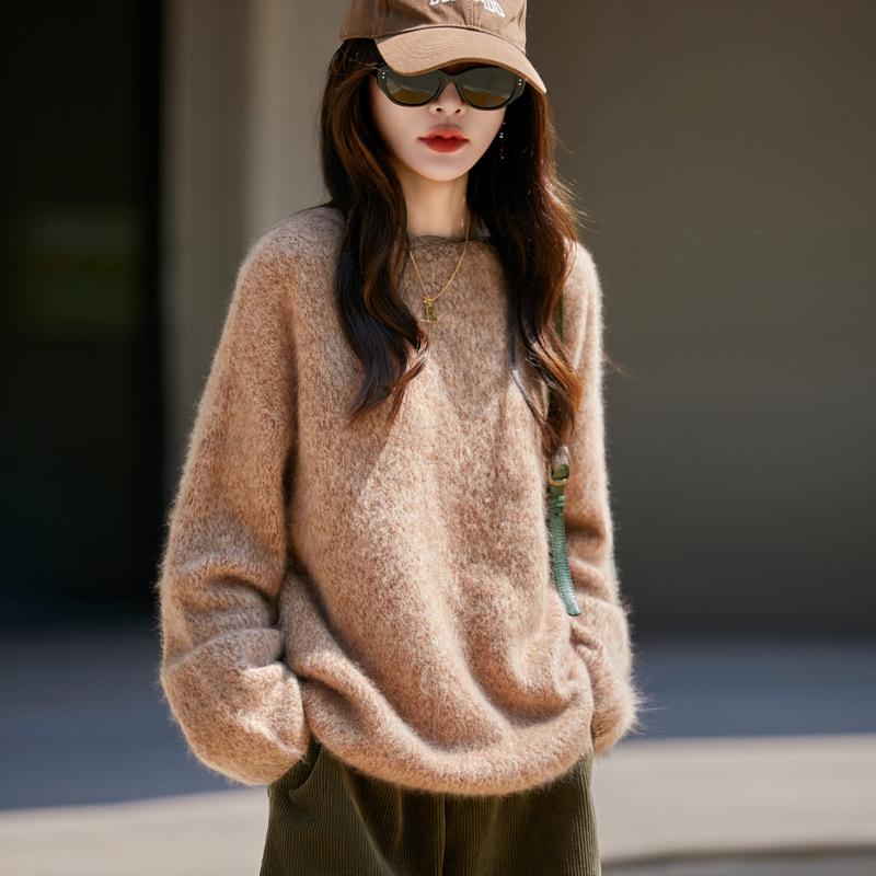 Autumn and winter new camel wool knitted loose sweater thickened large size lazy wind women's round neck pullover