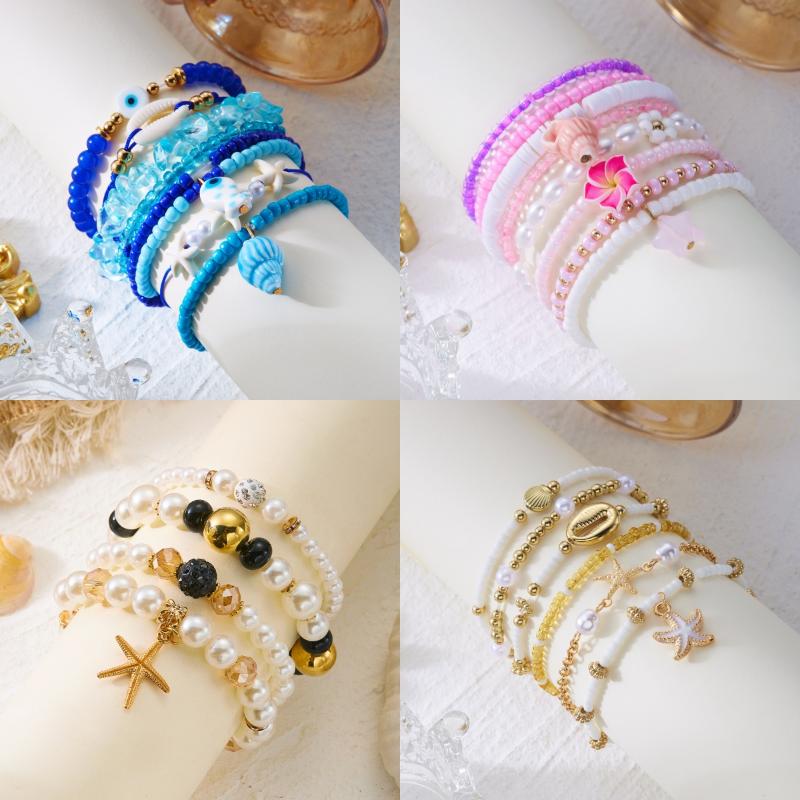 1 Set Summer Ocean Blue Beads Strand Hand Chain Bohemia Starfish Shell Beaded Bracelets For Women Jewelry Beach Vacation Gift