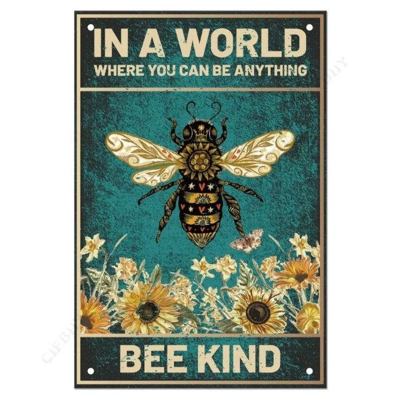 Bee Metal Wall Sign for Home Cafe Bar, Creative Tin Decor 30x20cm