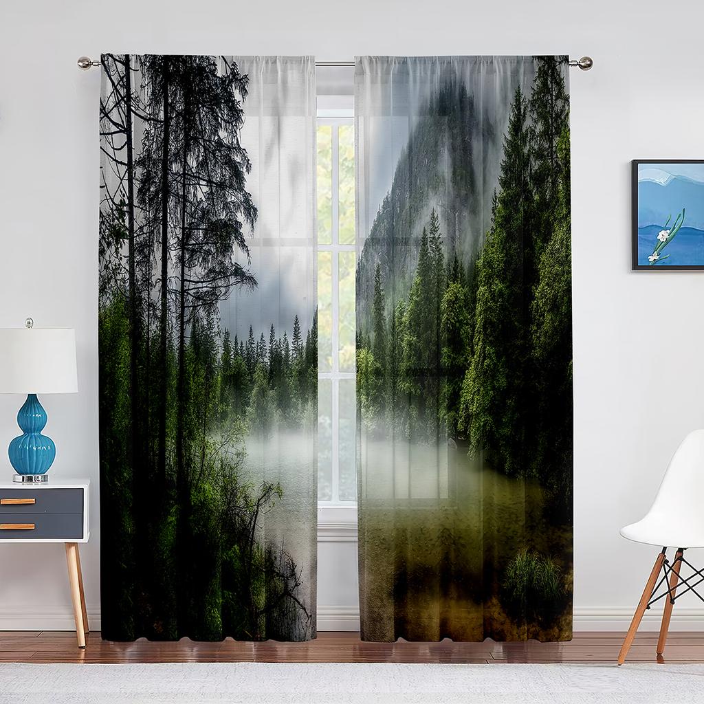 Trees Forest Mystic Foggy Nature Woodland Sheer Voiles Curtain for Living Room Bedroom Kitchen Decor Tulle Curtains Window Drape