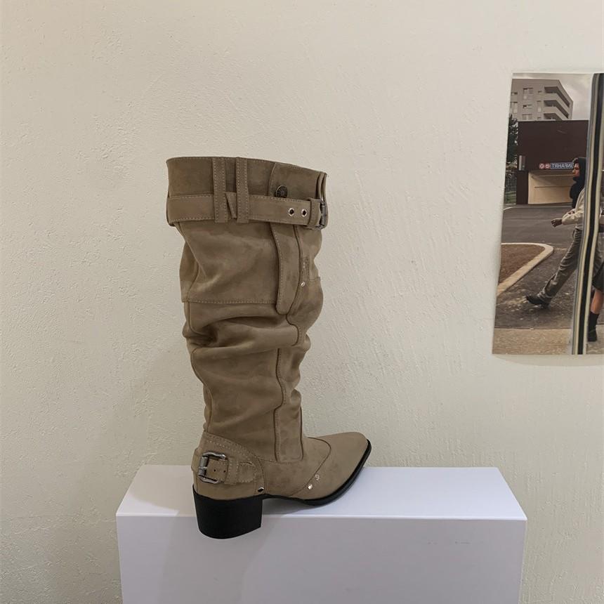 2025 New French Pointed Belt Buckle Wide Tube Thin European and American Style Thick Heel Boots Street Style Wear