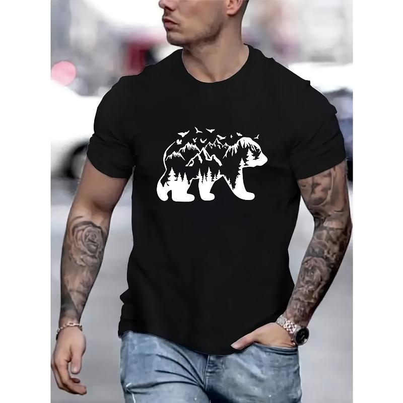 Men s Cotton Forest Bear Print T-Shirt - Soft Round Neck Short Sleeve Casual & Outdoor Wear, All-Season Comfortable Fit with Bear & Forest Design S