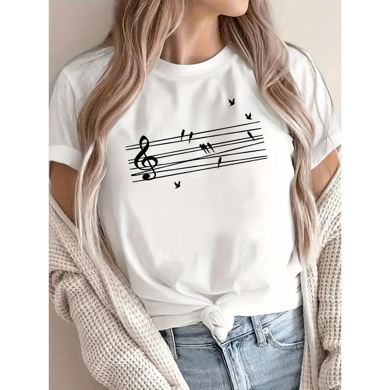 

Women s Musical Staff & Treble Clef T-Shirt with Bird Notation - Music Print Short Sleeve Blouse, Round Neck Casual Top for Musicians, S белый
