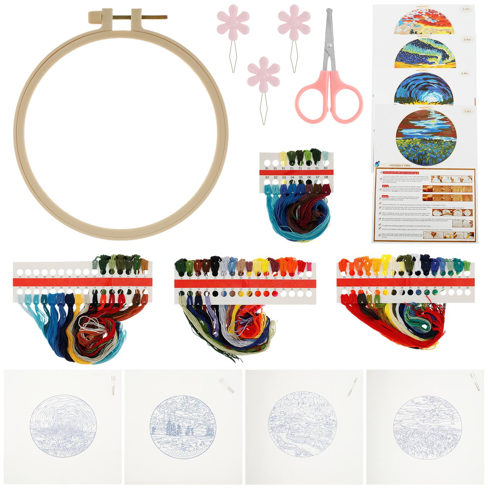 4 Pcs Embroidery Starter Kit with Pattern Stamped Cross Stitch Kit DIY Embroidery Kit Hand Embroidery Kit with Embroidery Hoop
