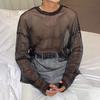 Yousheng Men Mesh Top Thin See-through Shiny Sequin Mesh O Neck Long Sleeves Solid Color Stretchy Loose Fit Muscle-Enhancing Party Homewear Club Dance