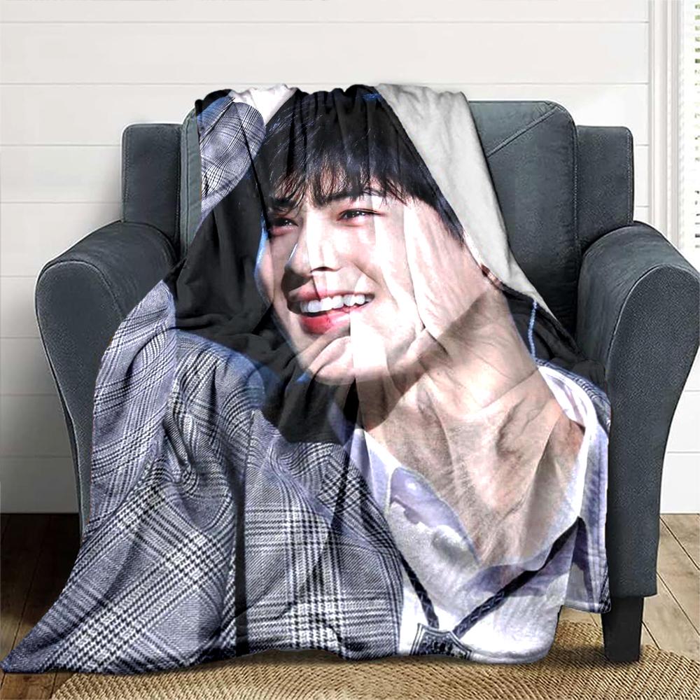 1Pc Cha Eun-woo Print Blanket Soft Comfortable Polyester Throw Blanket Allseason Use Perfect Bedroom Office Outdoor Ideal Christmas Gift Choice Print 