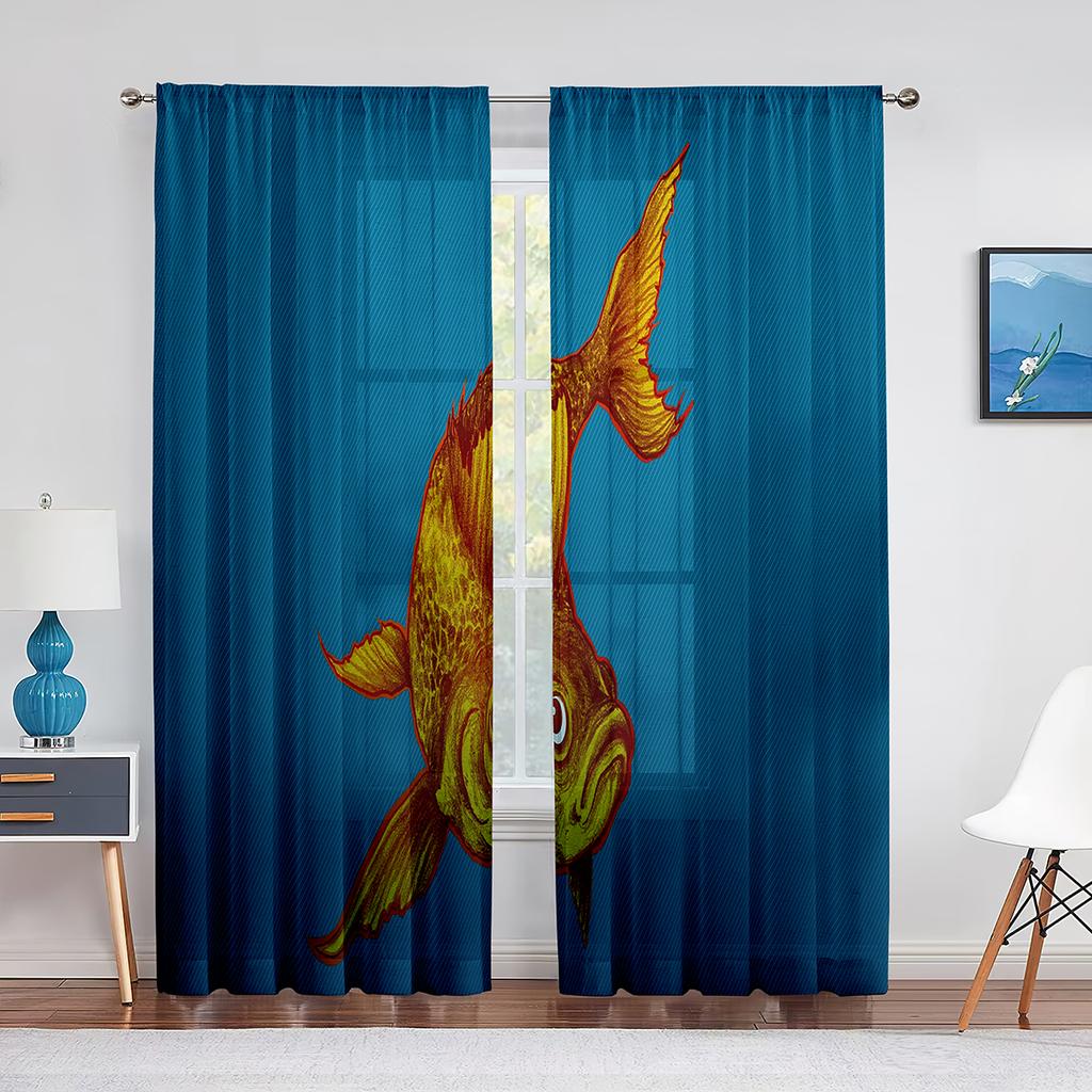 Koi Fish Ink Painting Goldfish Sheer Voile Curtains Window Treatment Chiffon Tulle Curtain for Kitchen Living Room Bedroom Drape