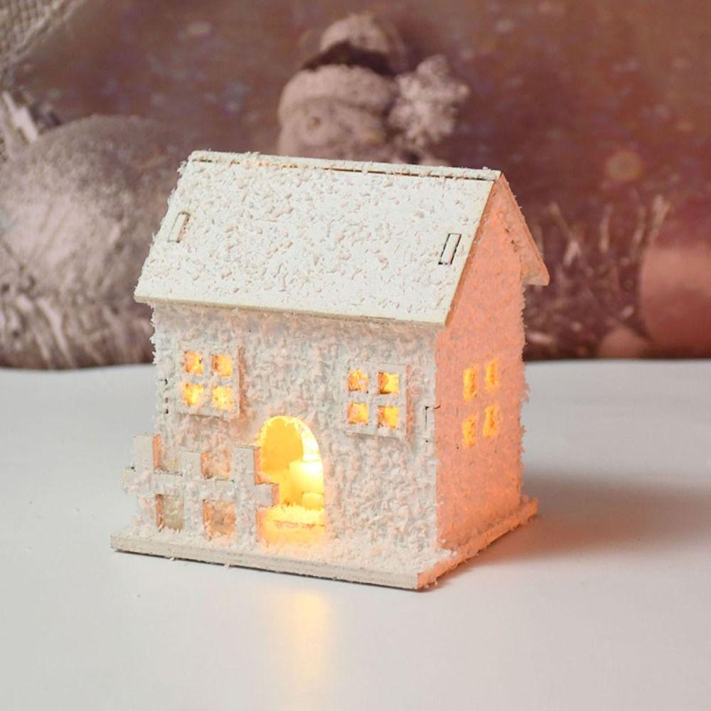 White Glowing Castle Mini Christmas LED Light Wooden House Snow Cabin   Desktop