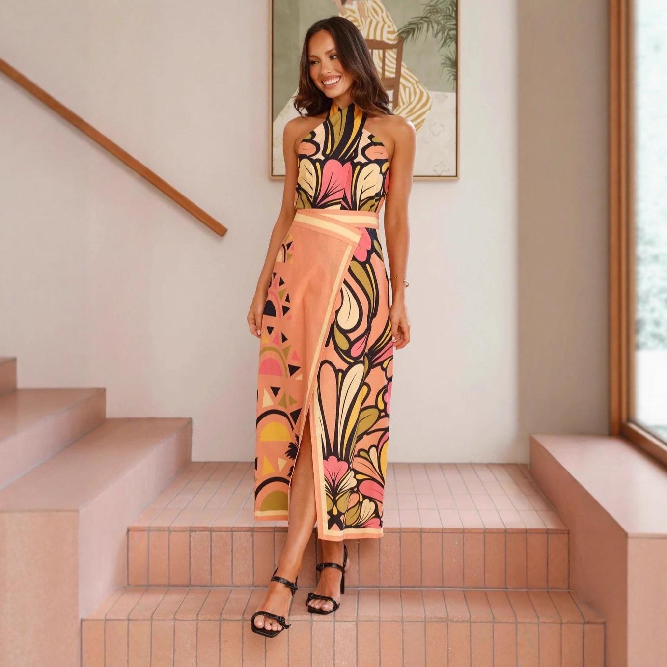 Европейско-американский льняной комплект из юбки-миди с открытой спиной и завязками на шее, облегающей бедра, 2025 S цветочный