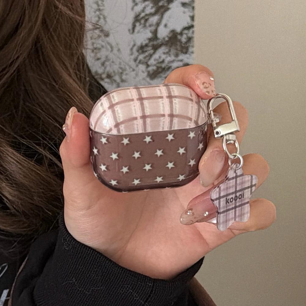 Brown Plaid Transparent Soft Earphone Case Cute Star Pendant Fall Shockproof Protection Cover for AirPods 1 2 3 4 Pro 3 2