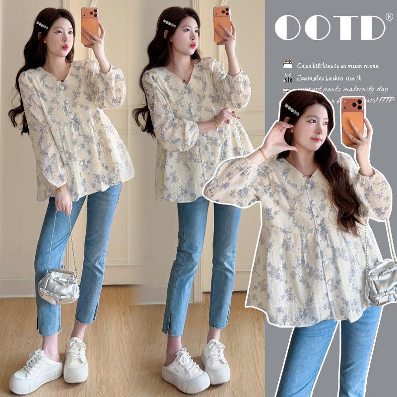 2026 Spring Embroidered Floral Maternity Top - Stylish Tummy Covering Doll Shirt Extra Large абрикосовый