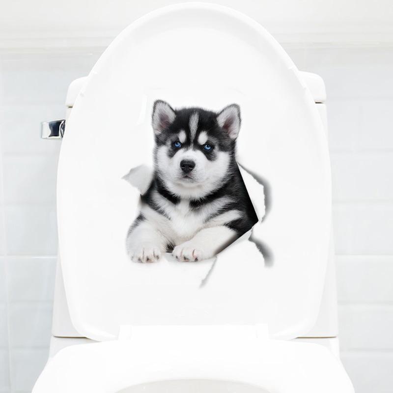 3D samolepky na toaletu pro kočku a psa Samolepky na stěnu s roztomilými zvířaty Domácí dekorace Umění PVC Vinyl Dekorace do koupelny Vodotěsné