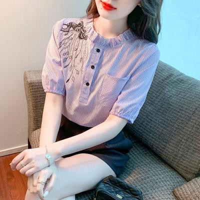 Blau gestreiftes, besticktes Chiffon-Hemd für Damen, Sommer, neues Stehkragen-Kurzarm-Bluse, modisches, lässiges Oberteil