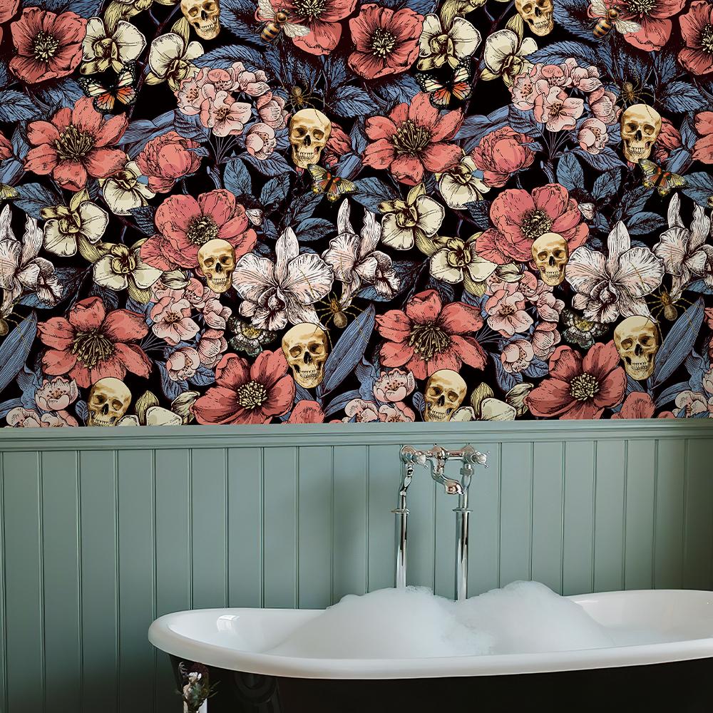 Pink Floral Skull Vinyl Wallpaper Peel And Stick Waterproof Flower Skull Cabinet Sticker Chic Halloween Festival Wall Decor