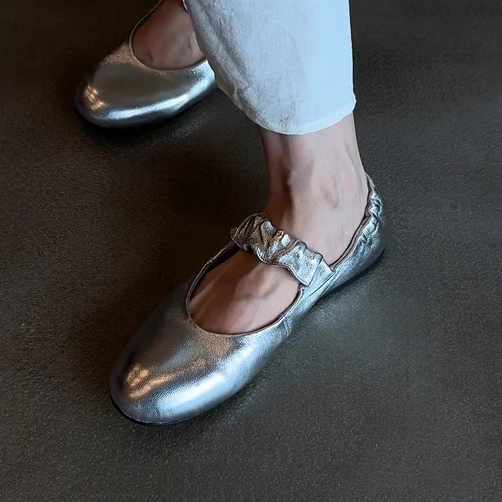 Sheepskin Version~ Silver Versatile Round Head Flat Shoes Women's Pleated One-word with Light Mouth Leather Casual Mary Jane Single Shoes