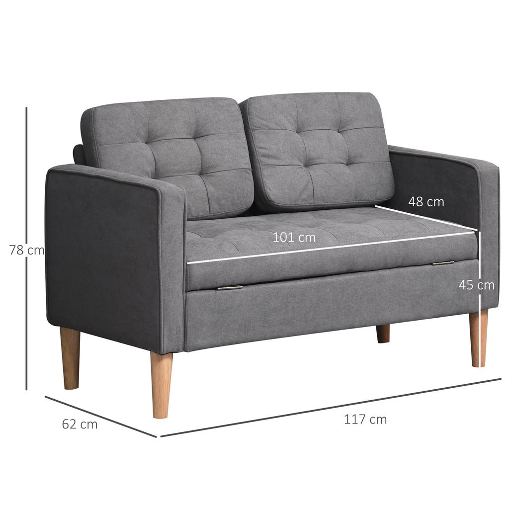 2-Seater Sofa, Couch with Storage, Wooden Legs, Padded Upholstered Sofa with Velvet Look for Living Room, Bedroom, 117 x 62 x 78 cm, Gray