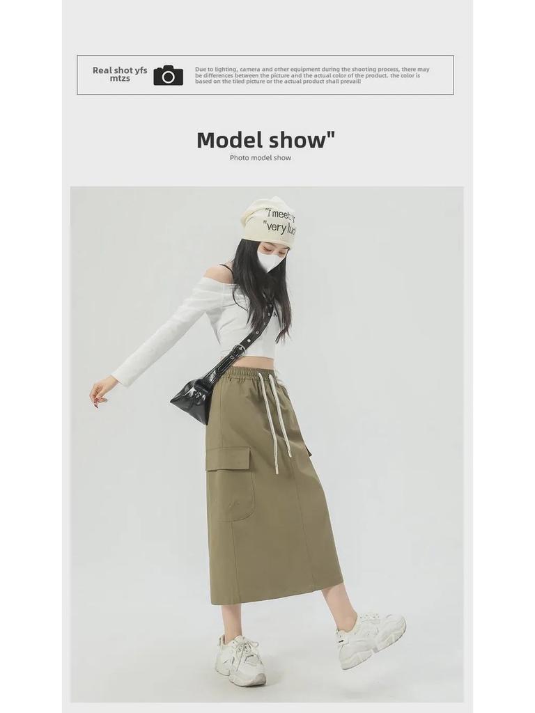 Women's American-Style A-Line High Waist Skirt with Pockets - Solid Color, Mid-Length, Slim Fit, Split Design for Spring/Summer 2025