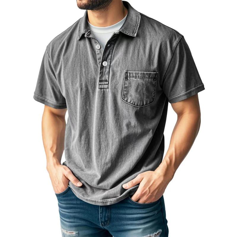 Mens Casual Washed Denim Short Sleeve Polo Shirt With Pocket