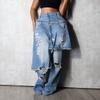 Women's Mid Rise Straight Leg Jeans Loose Fit Patchwork Distressed Denim Pants Streetwear Raw Edge Ripped Trousers