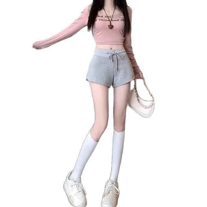 Women's Gray High-Waist A-Line Sports Shorts - 2025 Summer Petite Slit Casual Hot Pants