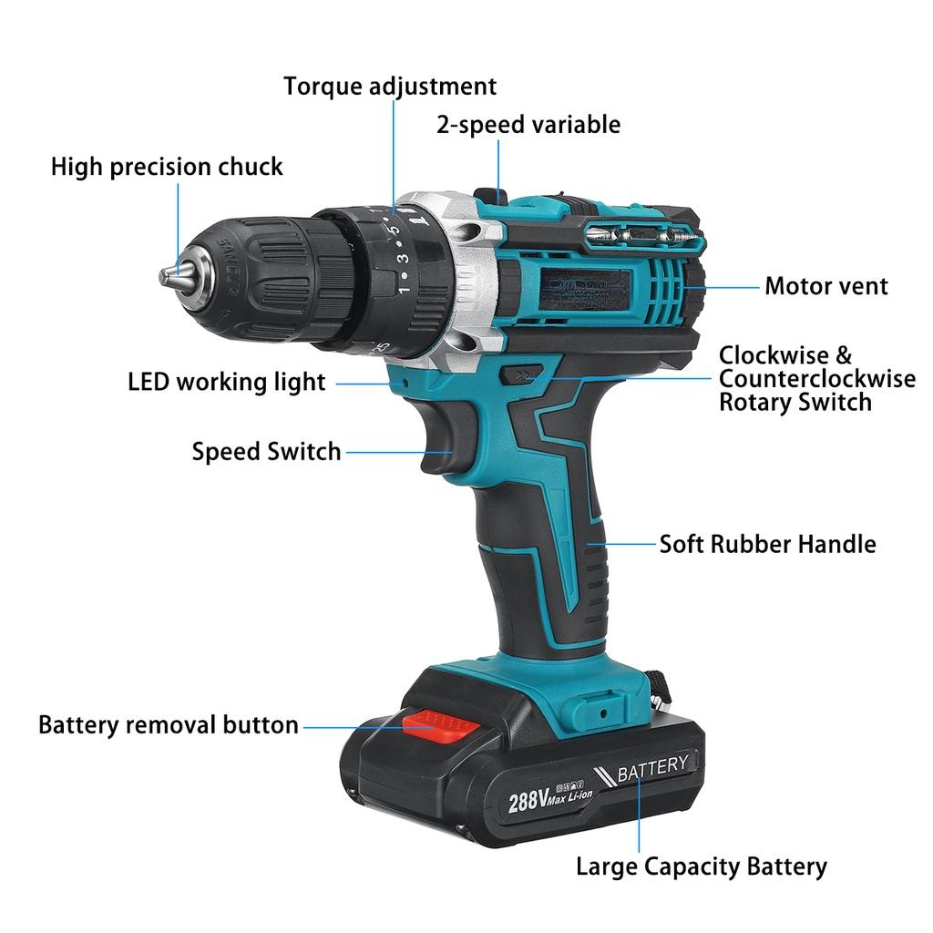 288VF Rechargeable Cordless Drill Brushless Impact Driver 350 Nm 1/2" Hammer Drill With Drill Kit+Screwdriver Power Tool 3 In 1
