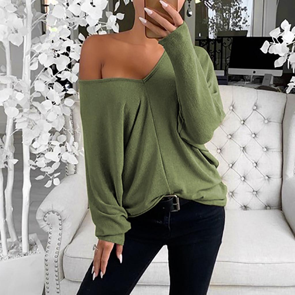 Simple Style Women Spring Fall Solid Color T-shirt Loose V-neck Casual Top