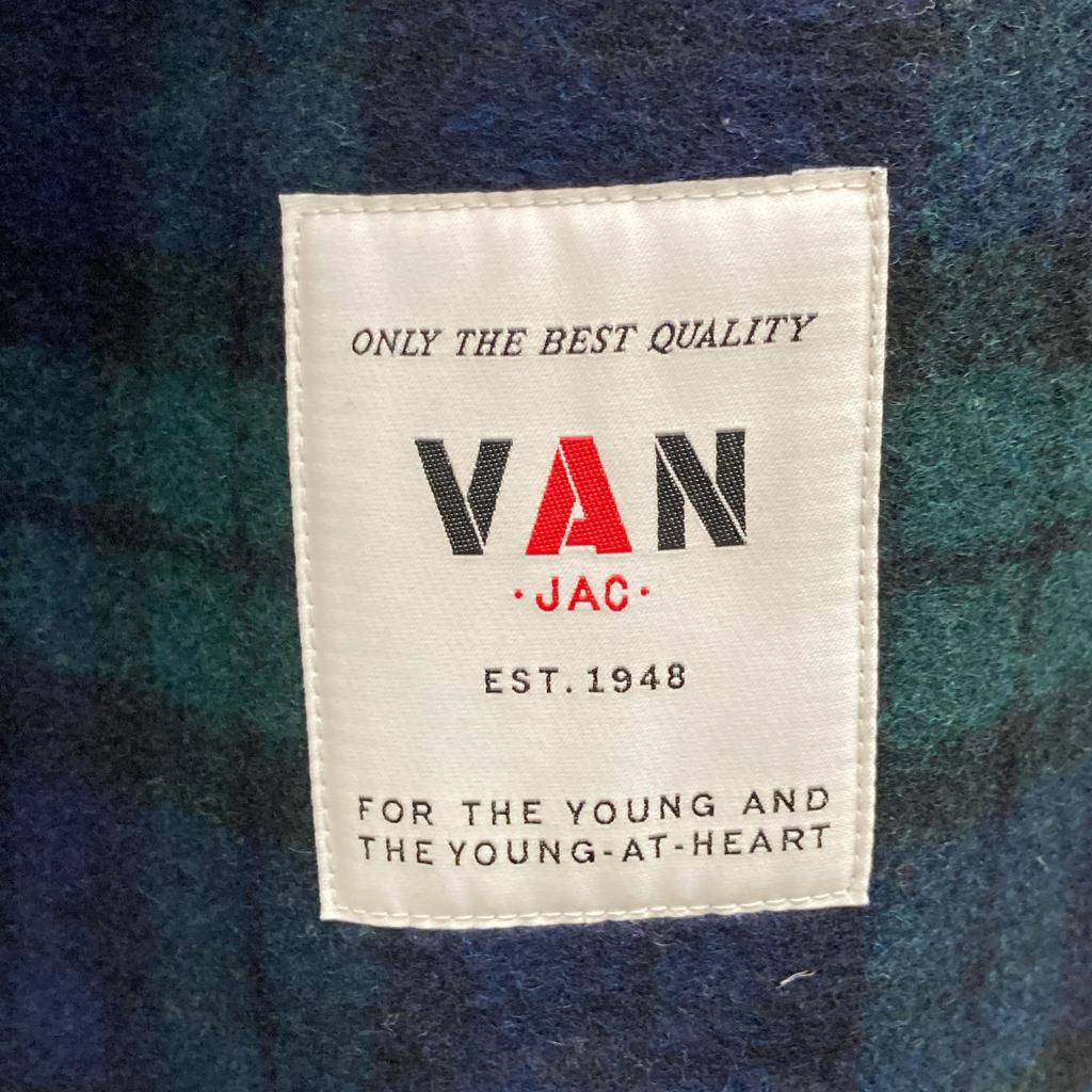 VAN JACKET Navy KW-81504 Wool Blend Hooded Logo Duffle Coat coat L Navy Green CheckUsed