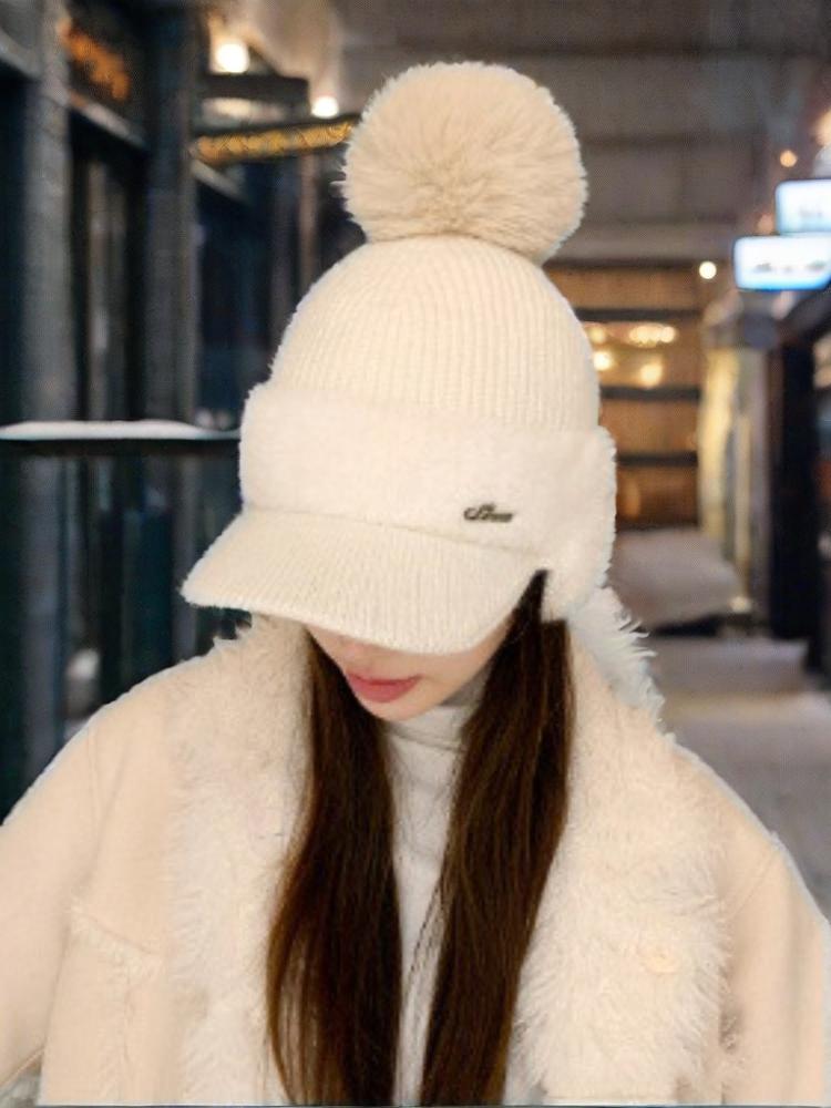 Stitching mink fleece ear protection rabbit fur baseball cap fashion solid color simple fur ball knitted hat