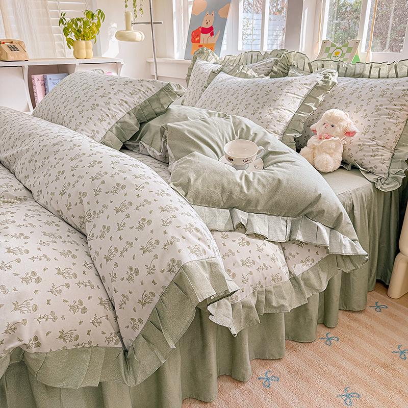 Fairy-Style Cotton Ruffled Bed Skirt & Pastoral Duvet Cover Set