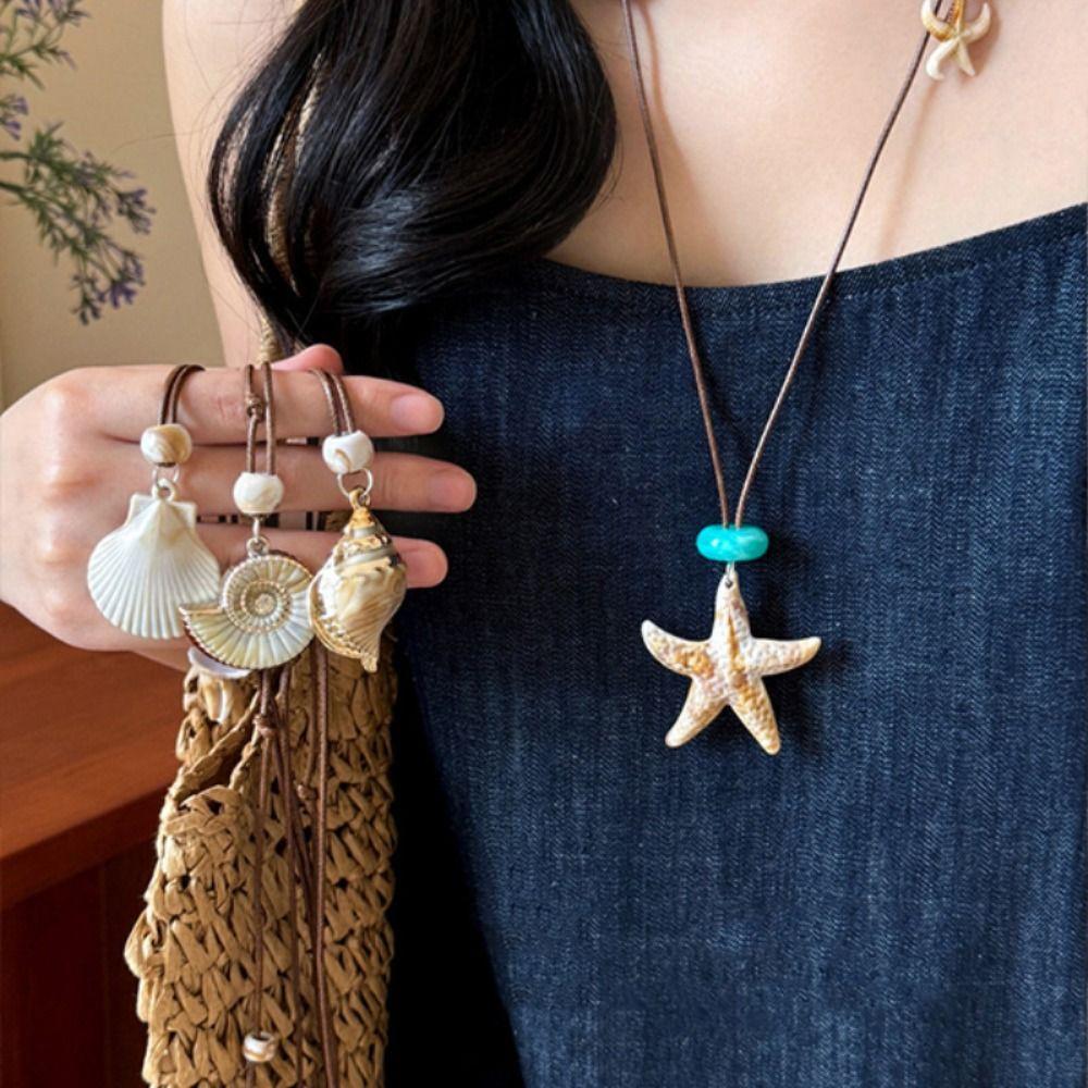 Bohemian Starfish Necklace Wax Rope Wax Rope Necklace Fashion Beach Vacation Jewelry  Daily Wear