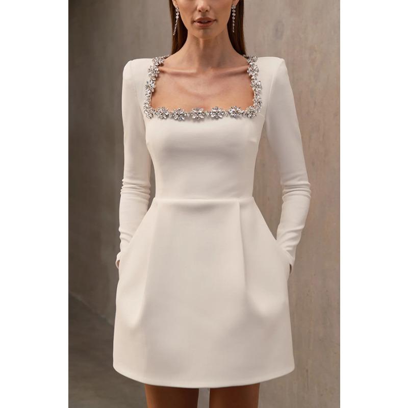 Spring women's dress temperament elegant square neck pearl lace short fashion dress