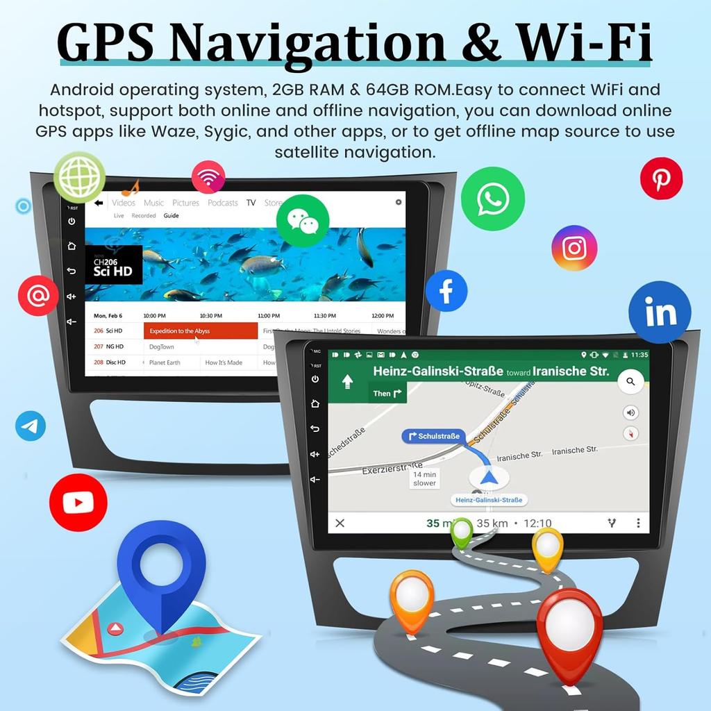 9 Inch Android Car Radio for Mercedes E Class W211 2005-2008 - CarPlay, Android Auto, WiFi, GPS, Backup Camera