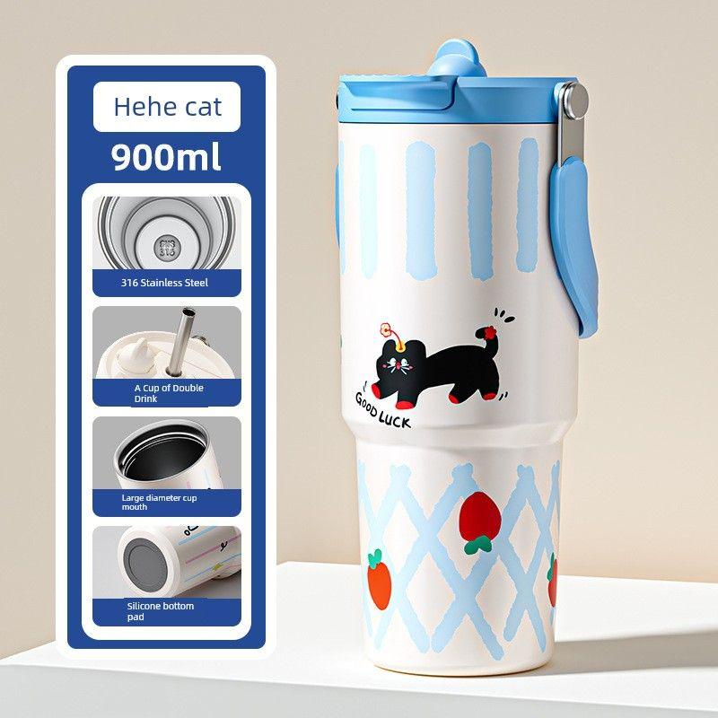 Large-Capacity Thermos Cup for Girls, Good-Looking Design with Handle, 2024 New Model, Straw Water Cup, Portable Dual-Drink Cup for Students