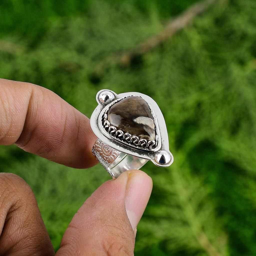 Gift For Her Natural Peanut Wood Jasper Statement Adjustable Ring 925 Silver