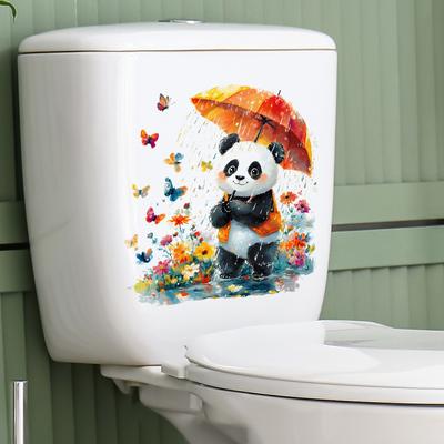 Handbemalter Panda mit Blumen Toilettenaufkleber Wasserdicht Selbstklebend Abnehmbare Folie für Badezimmer WC Dekoration
