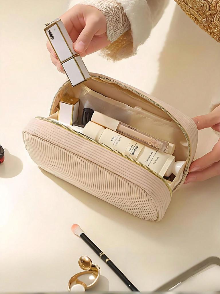1 corduroy makeup bag, minimalist women's zipper travel bag, lip gloss organizer, brush storage bag, large-capacity small bag
