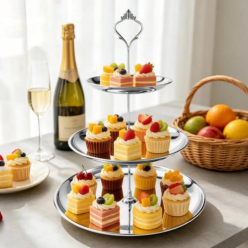 Silver 3 Layer Stainless Steel Display Stand Elegant Dessert Cake Table