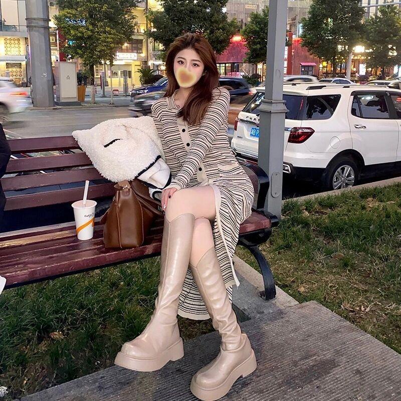 Knitted dress women's outer wear spring new medium and long inner fit slim waist and thin split skirt