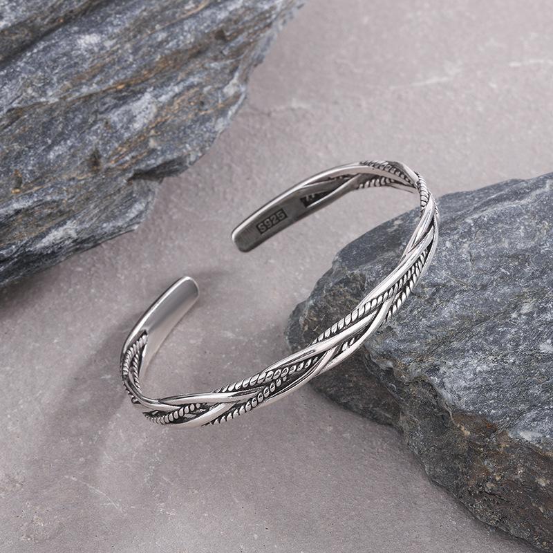New Vintage Thai Silver Woven Fried Dough Twists Bangle 925 Silver Jewelry Opening Bracelets TYB638
