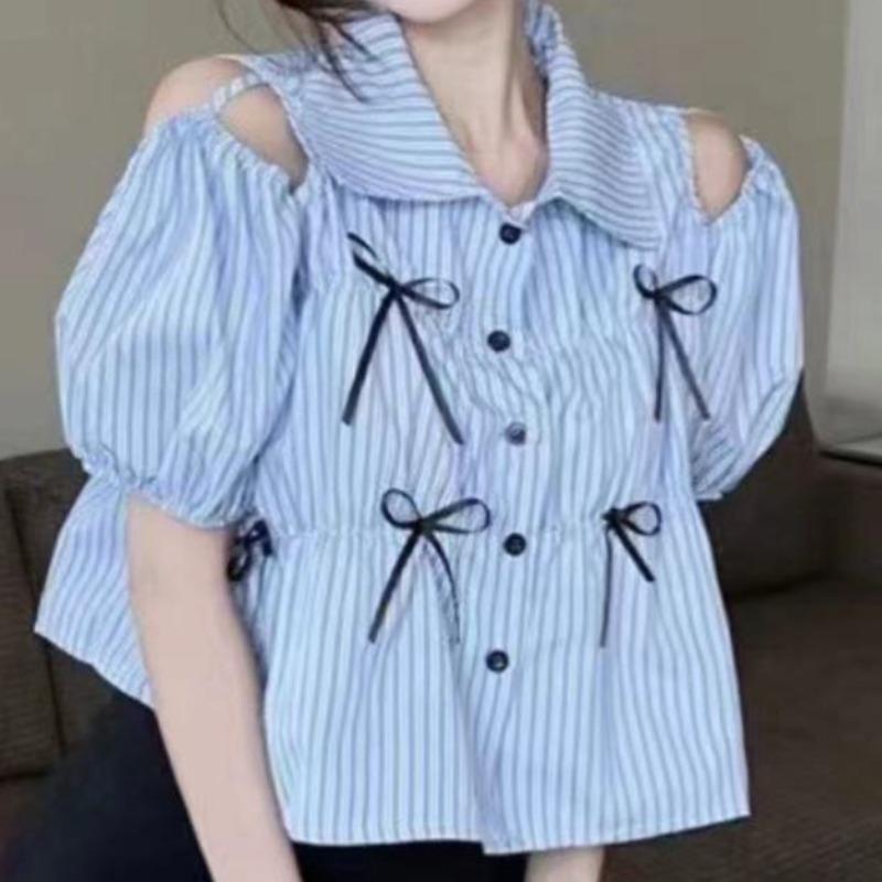 

Ladies Off Shoulder Shirt Turndown Collar Bubble Sleeve Bow Design Famale Button Up Stripe Shirts Fashionable Comfortable Women s Top XL синій